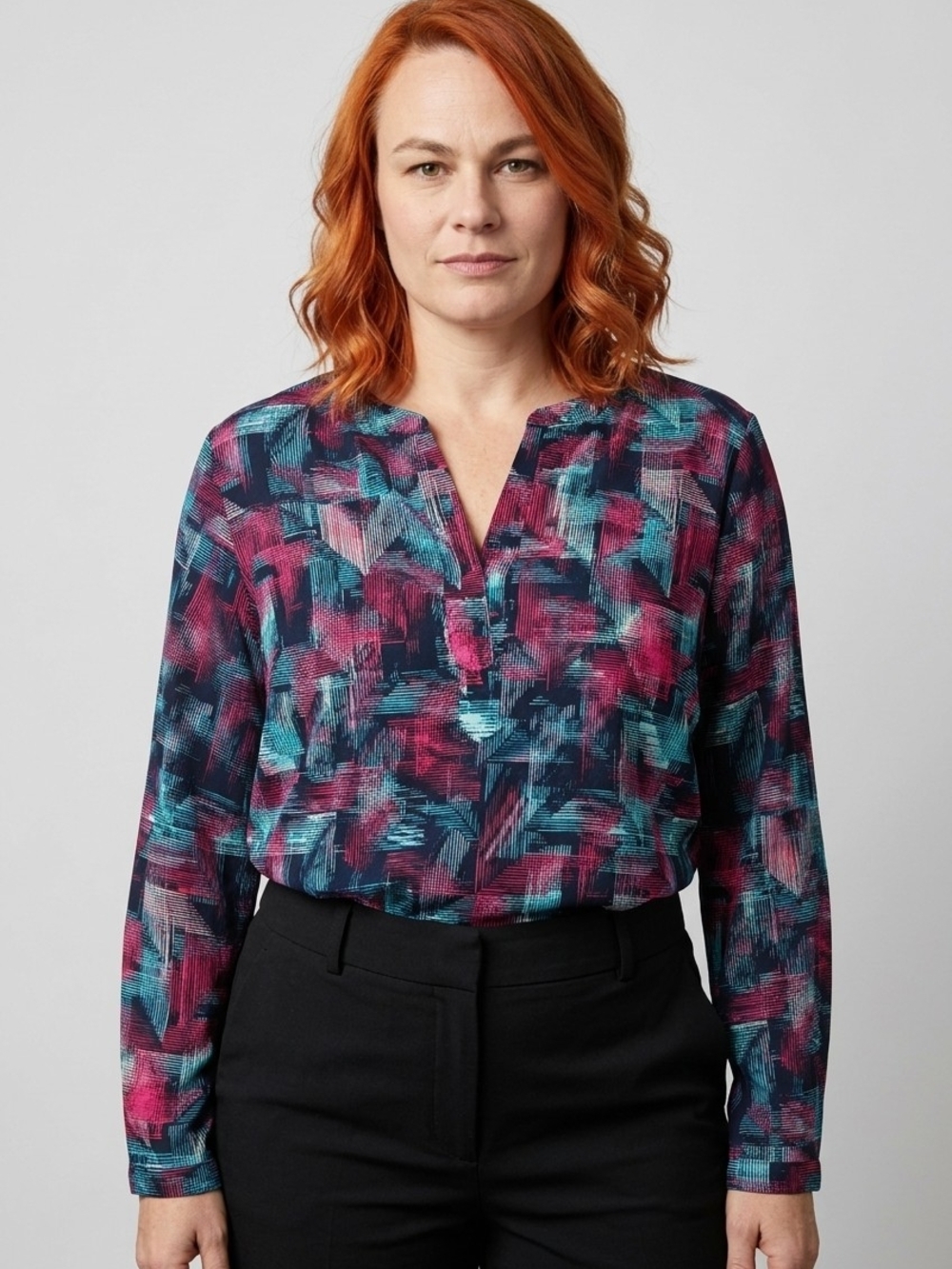 Van Heusen Long-Sleeve Abstract Print V-Neck Blouse in Teal & Magenta